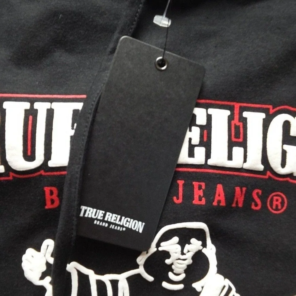 True Religion Hoodie Mens Large Black Sleeveless World Tour Graphic Pullover Top